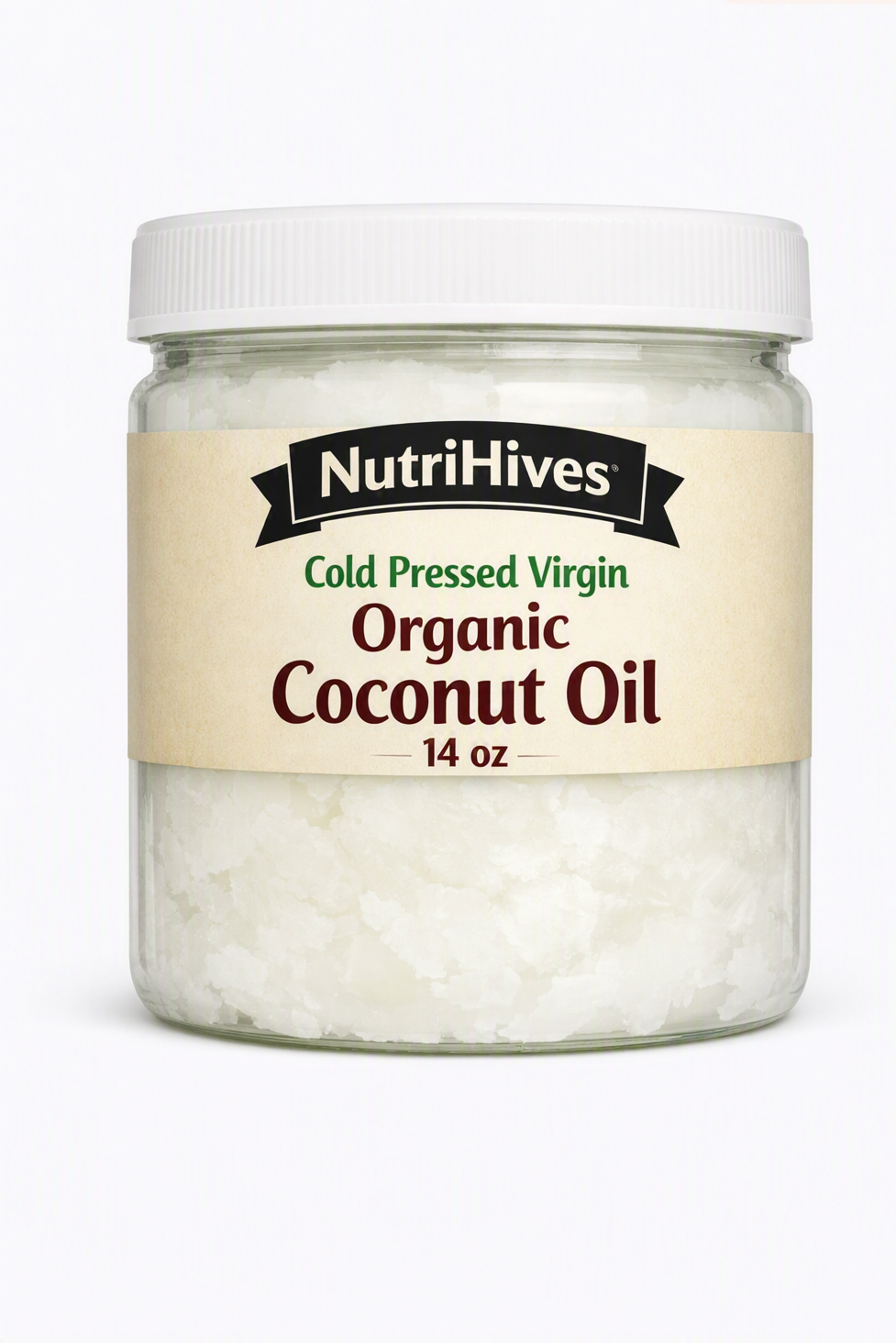 NutriHives Cold Pressed Virgin Organic Coconut Oil 14 fl oz – 100% Pure | Non‑GMO | Unrefined | Natural Moisturizer & Cooking Oil | Premium White‑Lid Jar