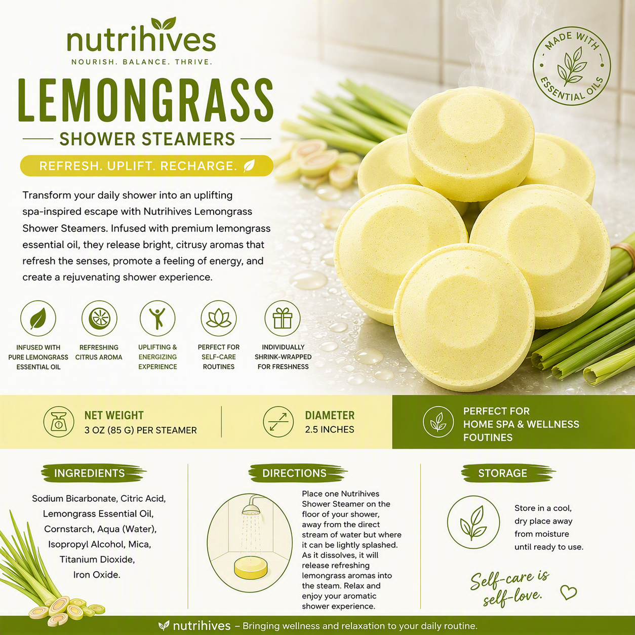Nutrihives Lemongrass Shower Steamers 4 unit 12 Oz