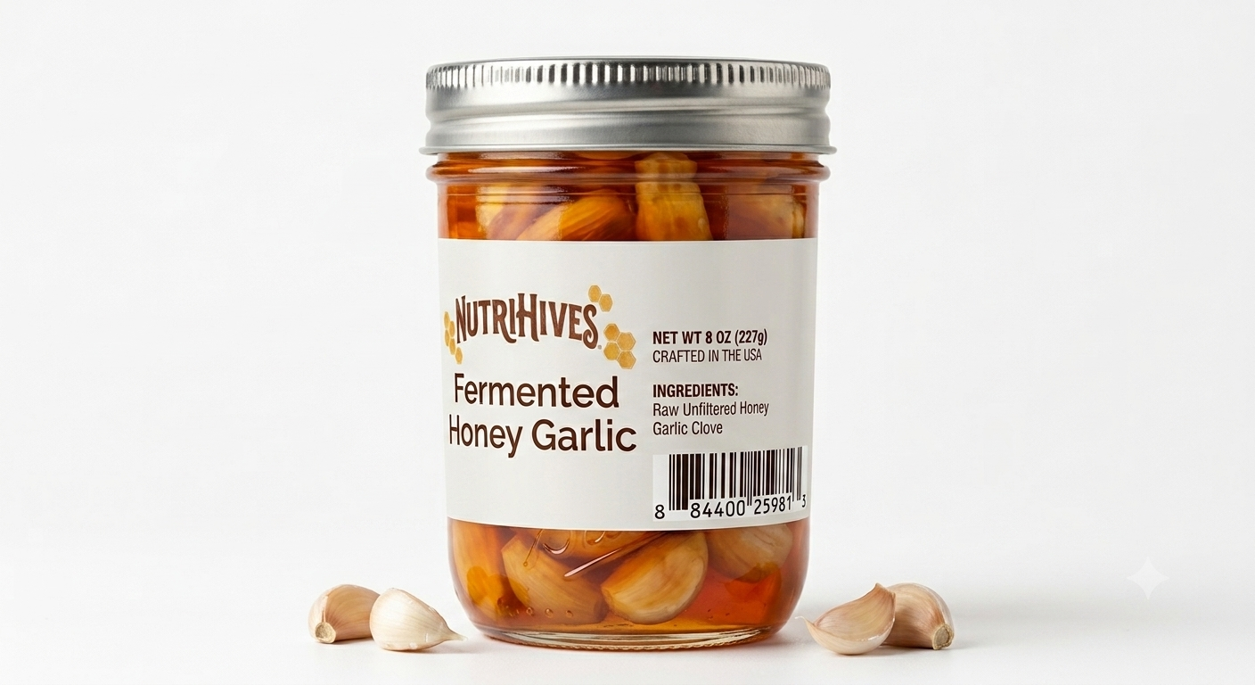 Fermented Honey Garlic 8 oz jar, Made in USA, Raw Unfiltered Honey, Garlic