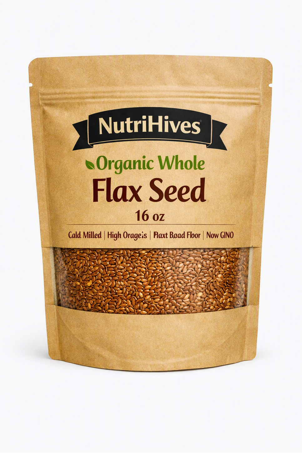NutriHives Organic Whole Flax Seed 16 oz – Cold‑Milled | High Omega‑3 | Plant‑Based Fiber | Non‑GMO | Natural Superfood for Smoothies & Baking | Premium Resealable Kraft Pouch